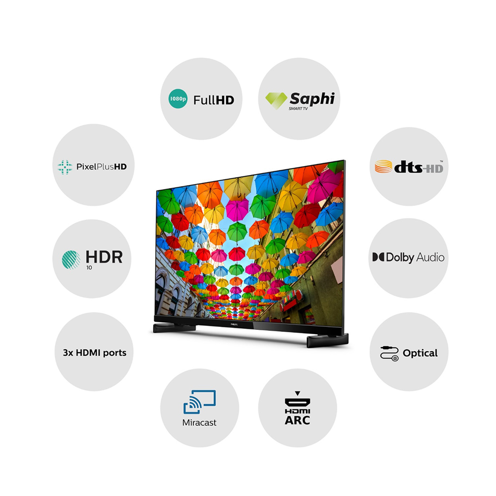 Full HD LED TV, Pixel Plus HD, HDR 10, Saphi Smart TV, Full-Range-Lautsprecher, 3 x HDMI, 2 x USB, Ideal für Gaming Modelljahr 2020 - Schwarz Glänzend Philips 43PFS6805/12 43-Zoll Fernseher 