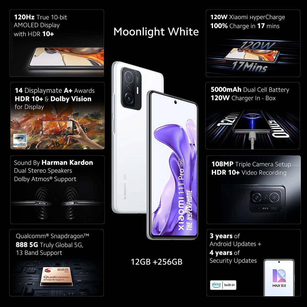Xiaomi 11T Pro 2107113SG Moonlight White 256GB 12GB RAM Gsm Unlocked Phone  Qualcomm SM8350 Snapdragon 888 5G 108MP The phone comes with a 6.67-inch  touchscreen display with a resolution of 1080x2400 pixels